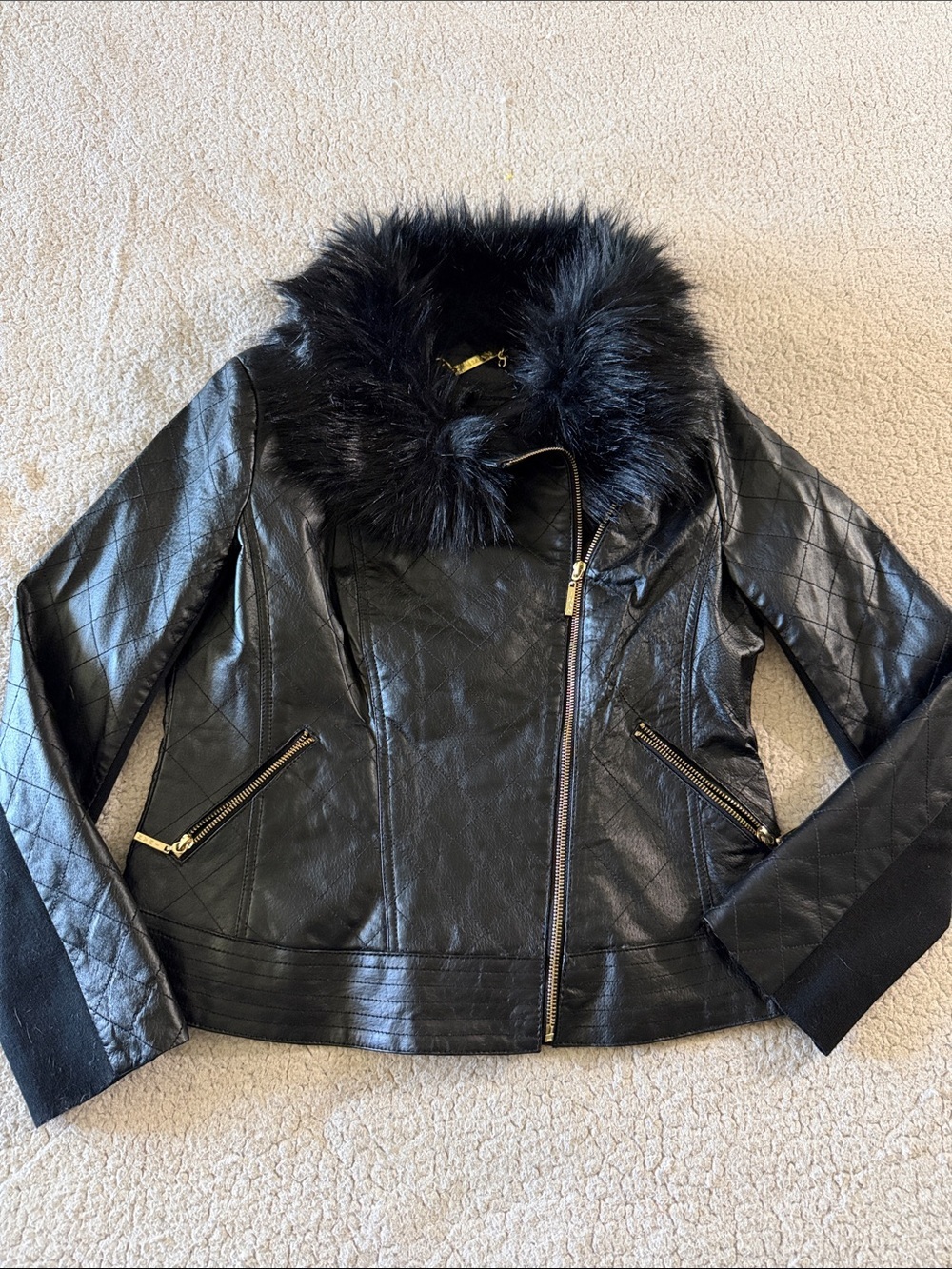IMAN Black Quilted Leather Jacket with Plush Faux Fur Collar Medium